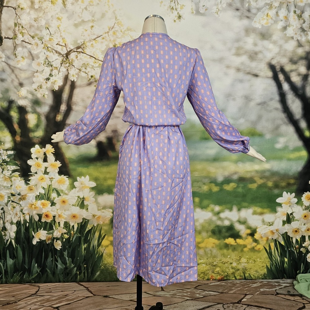 Vintage 1980's Dress Lilac Purple Print Long Sleeve Silky Retro Button Front‎ - Picture 11 of 12